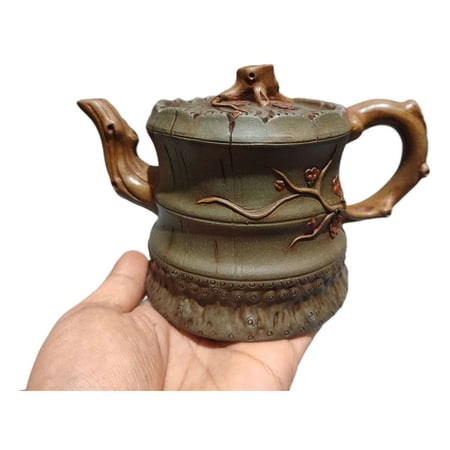 Vintage Yixing Teapot Oriental Lovely Plum Blossom Two Toned Bamboo Tree Stump Handcrafted Artisan Decorative Textured Carved