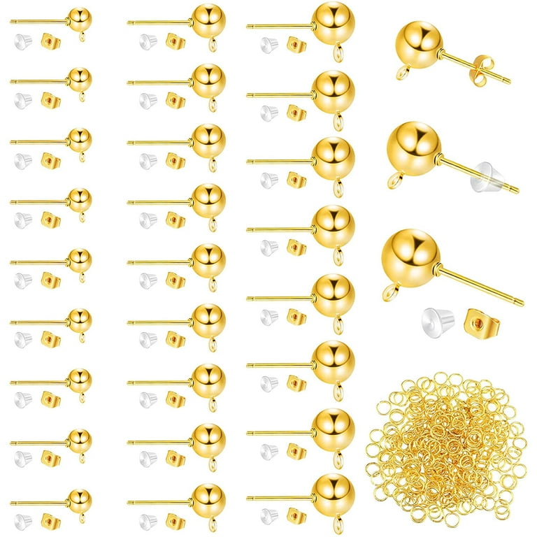 780 Pieces 3 Sizes Ball Post Earring Studs with Loop 4 mm 5 mm 6 mm Round  Ball Earring Posts, Butterfly Earring Backs, Silicone Clear Earring Backs,  Open Jump Rings for DIY Jewelry (Gold) 