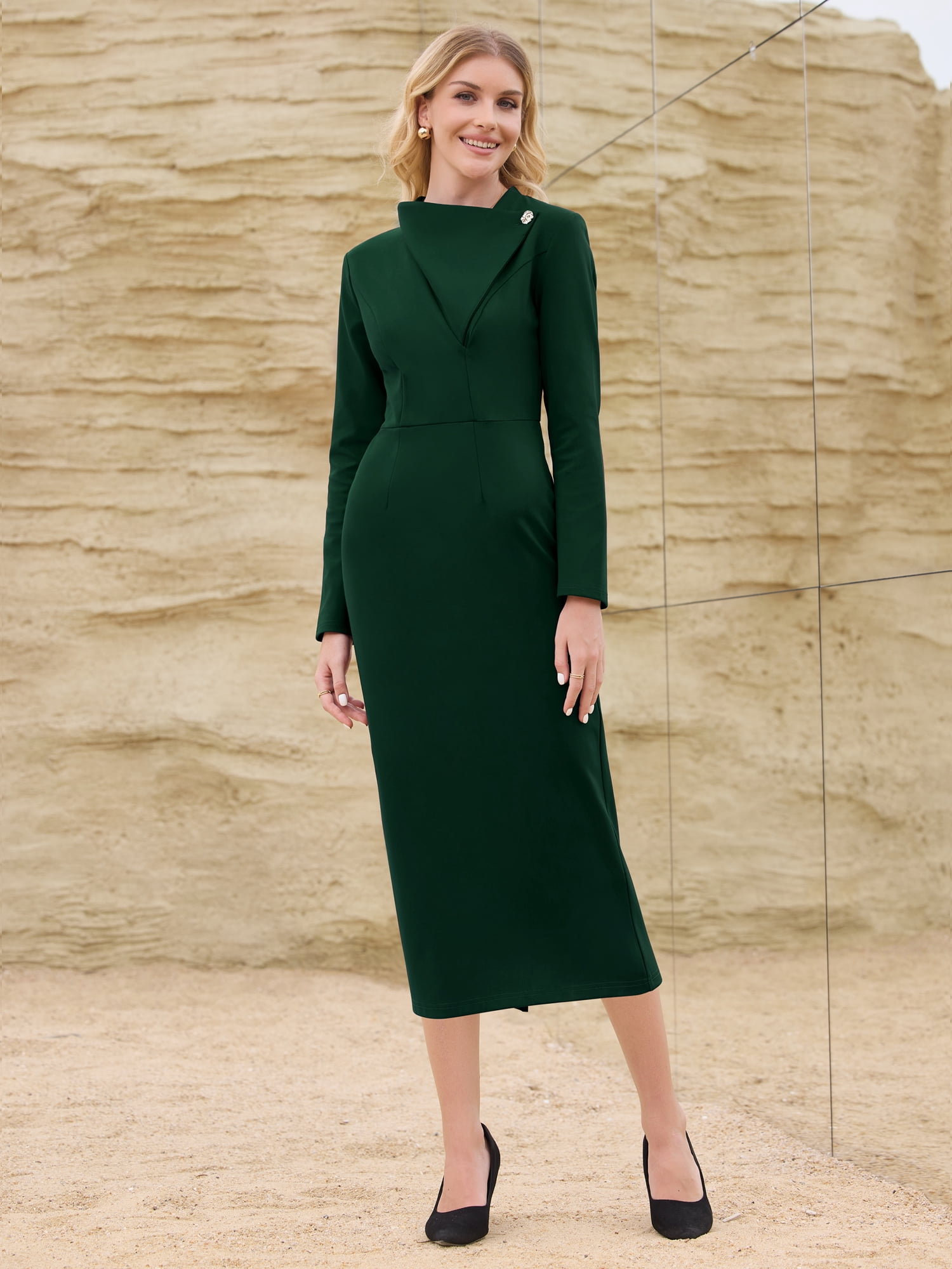 DARING DIVA Women's Elegant Pencil Dress Lapel V Neck Long Sleeve Dress M Dark Green