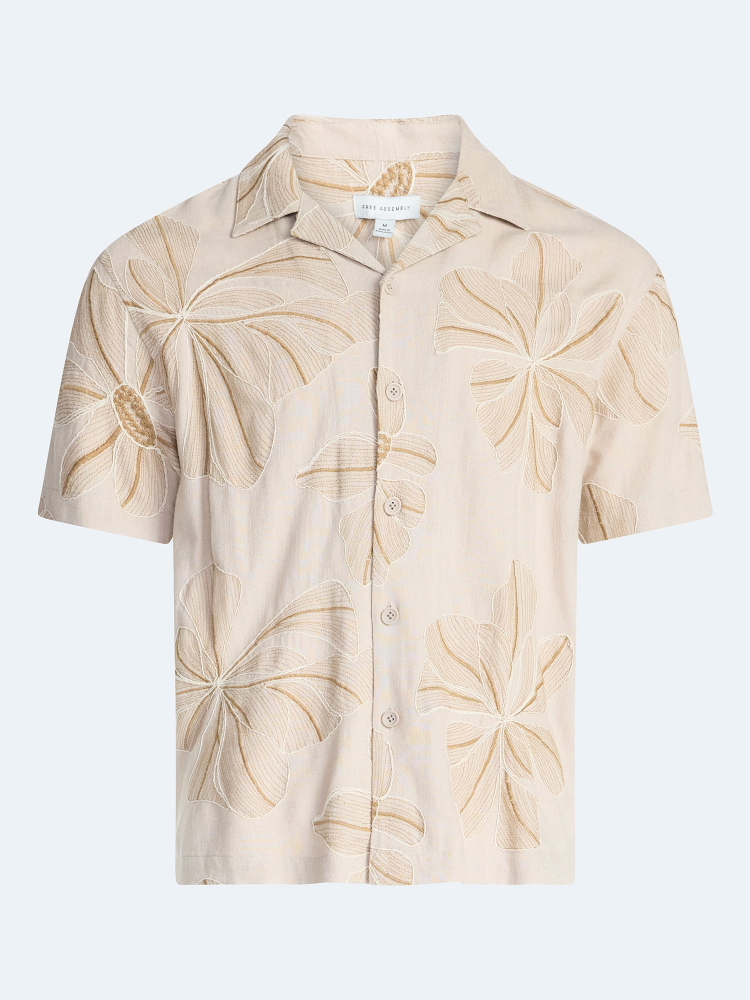 Free Assembly Men's Embroidered Linen Blend Camp Shirt with Short Sleeves, Sizes XS-3XL