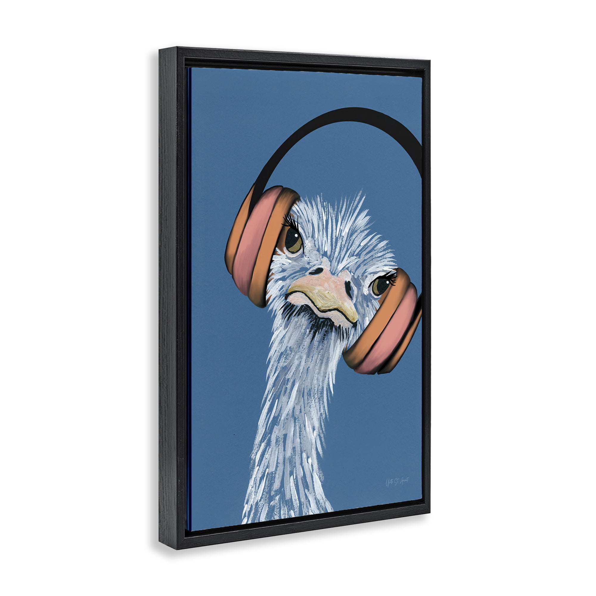 Stupell Industries Ostrich with Headphones Animals & Insects Painting Black Floater Framed Art Print Wall Art, 21 x 31