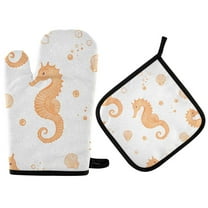 Yayeee Oven Mitts and Pot Holder Set of 2 Heat Resistant Kitchen Gloves Baking Hot Pad, White Seahorse