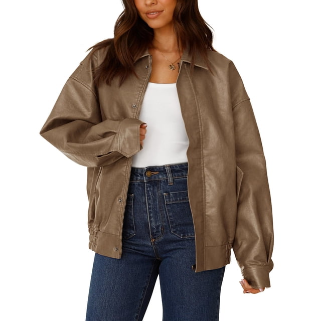 Abrigo PRETTYGARDEN de Cuero Sintético Oversized con Cierre en Kaki Talla M