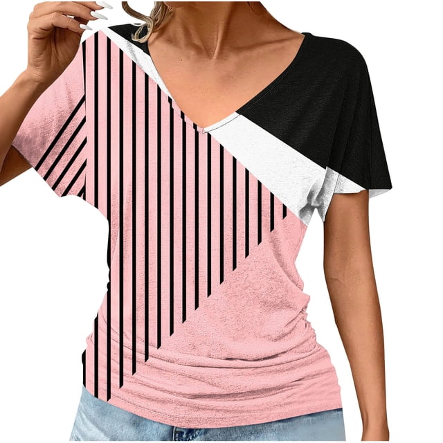 Lydiaunistar Women's Plus Size Casual Short Sleeve V-Neck Spring Tops Blouse, Soft Polyester Daily Work Party Vacation, Asian Fit Sizing Pink