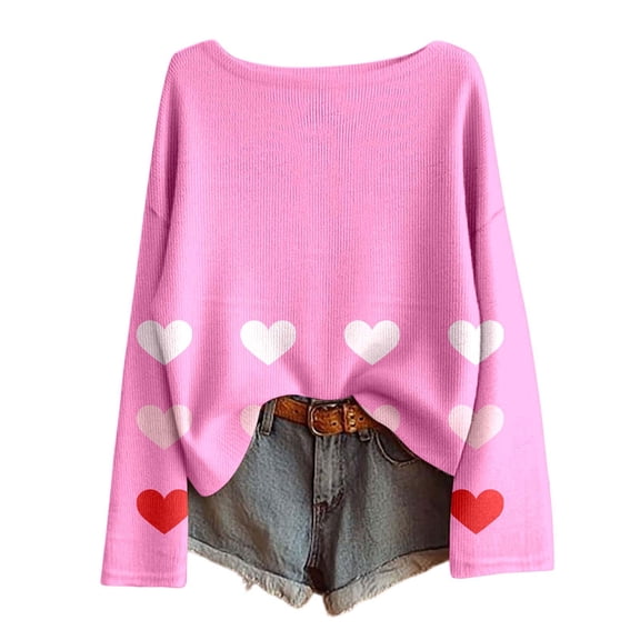 Womens Valentine Sweater Theme Heart Print Crewneck Sweater Oversized Knit Pullover Long Sleeve Comfortable Jumper Top Hot Pink L