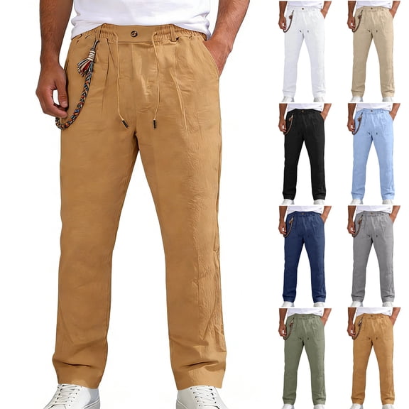Men's Cotton Linen Casual Pants Drawstring Elastic Waist Button Trousers Lightweight Straight Leg Slacks with Color Chain for Daily Wear