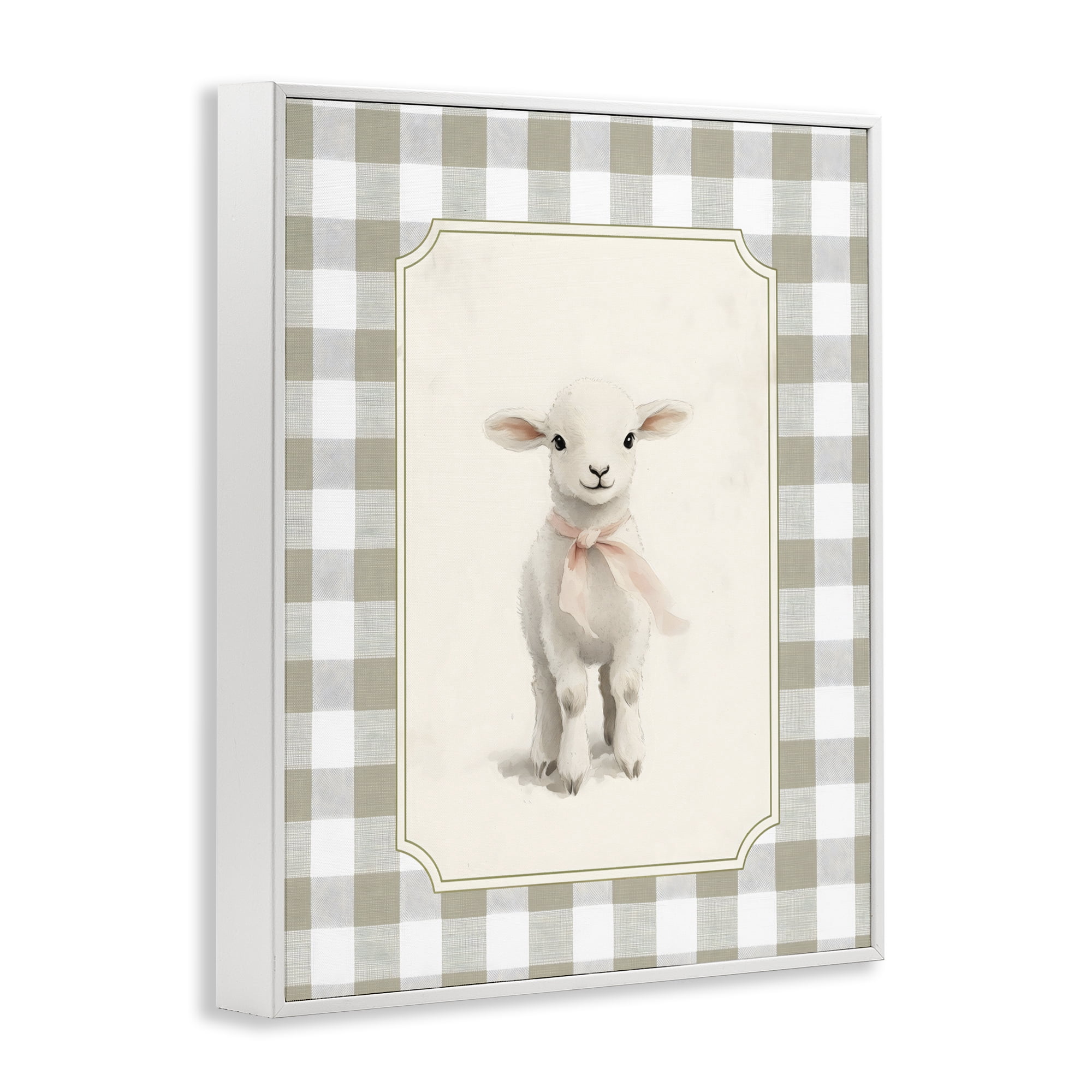 Stupell Industries Gingham Lamb with Pink Ribbon White Framed Giclee Art, design by Arlington Prints