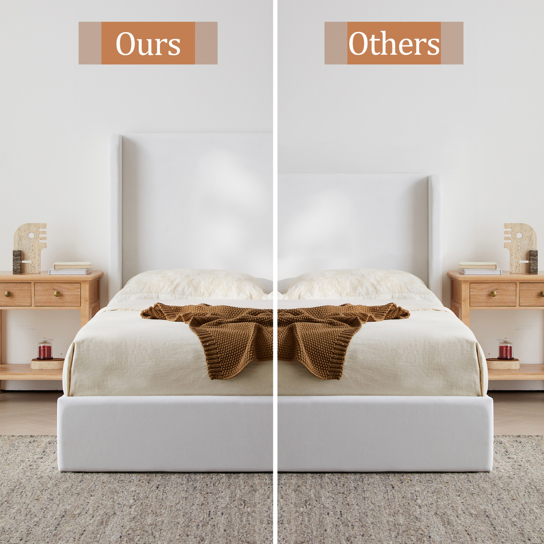 Carmen Upholstered Wingback Bed Frame King Size with 52.3 Inch High Headboard Minimalist Design No Box Spring Needed Easy Assembly Coconut Micro Suede