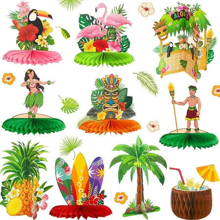 10 Pieces Hawaiian Luau Honeycomb Table Centerpiece Tiki Honeycomb Centerpieces Tropical Table Centerpiece 3D Flamingo Table Decorations for Hawaiian Luau Party
