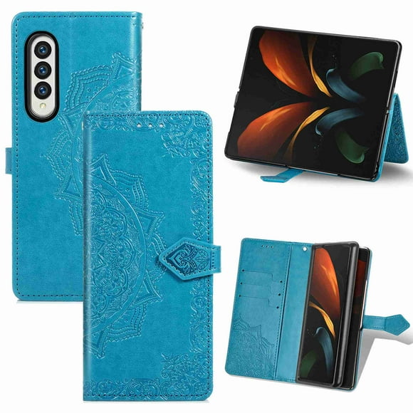 Dteck Samsung Galaxy Z Fold 3 Case, Flower Wallet PU Leather Card Phone Leather Case for Samsung Z Fold 3 (7.6"), Shockproof 360 Full Protection Fold 3 5G Shell Cover(Blue)