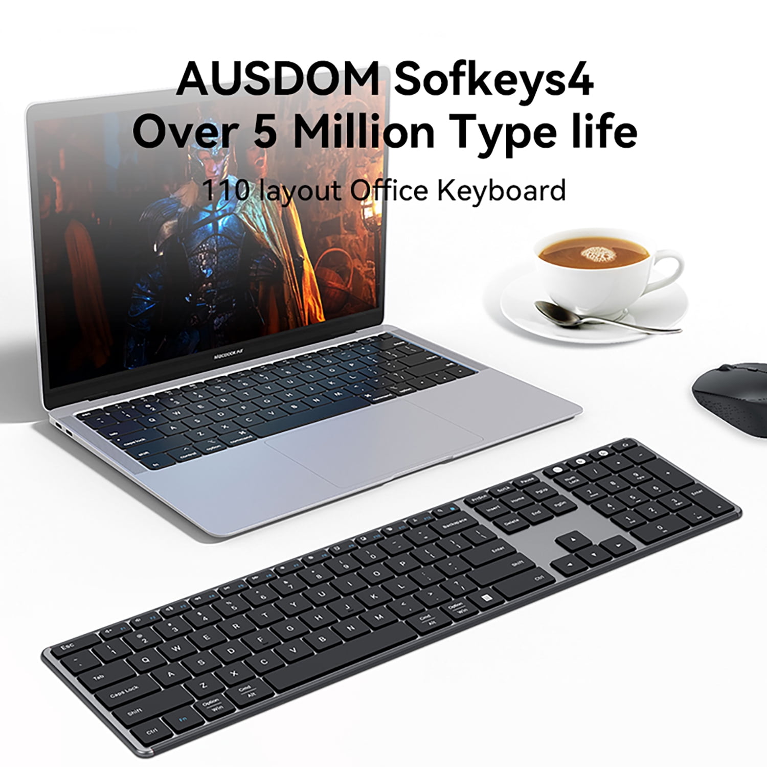 AUSDOM 2.4G Wireless Bluetooth Full Size Keyboard,Quiet Slim Multi-Device Rechargeable with Number Pad | Compatible with PC/Mac/Windows - Black