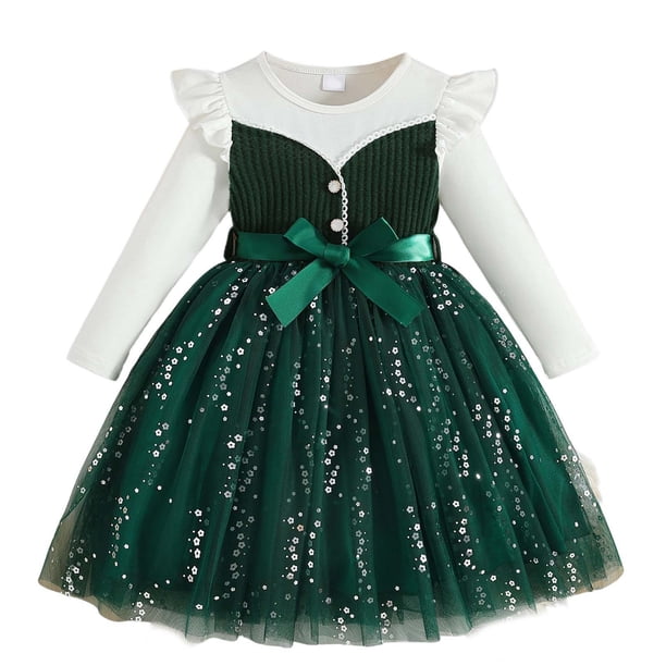 Vestido de Manga Larga para Niñas con Nudo de Arco Y Cinturón, de Moda de Color Sólido de Malla de Manga Larga para Niños 3-10 Años