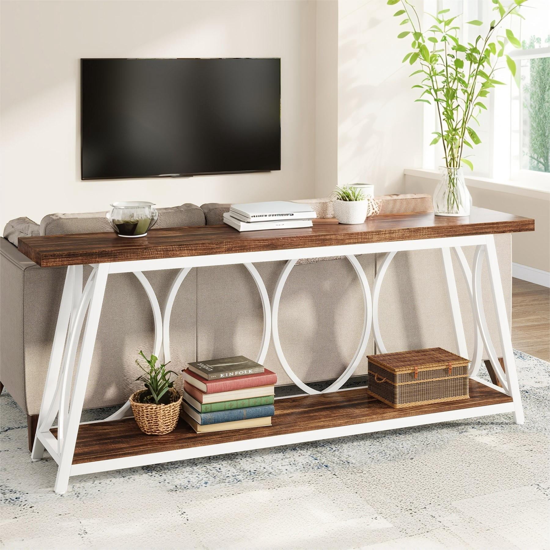 Fnova 70.87" Farmhouse Console Table for Entryway, 2-Tier Storage Long Narrow Wood Entryway Table, Metal Frame, Easy Assembly, Brown White