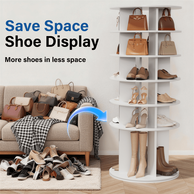 Vineego 6-Tier 360° Rotating Shoe Rack, Round Spinning Storage Organizer for Shoes, Boots & Accessories, Freestanding Tall Display Shelf for Entryway, Closet & Bedroom, White Finish