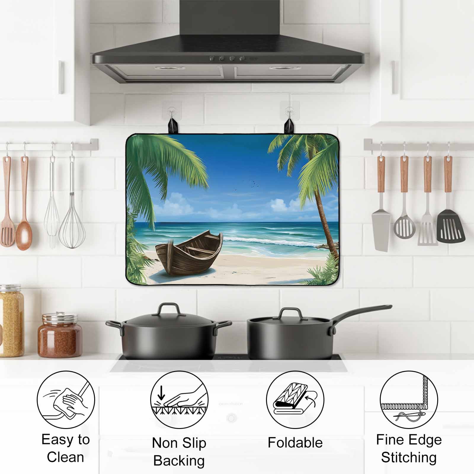 Ocean Beach Stove Top Cover for Electric Stove, Heat-proof & Non Slip Glass Top Stove Cover Protector, Blue Coastal Palm Tree Nautical Sailboat Kitchen Flat Cooktop Rubber Mat 24x21 Inches