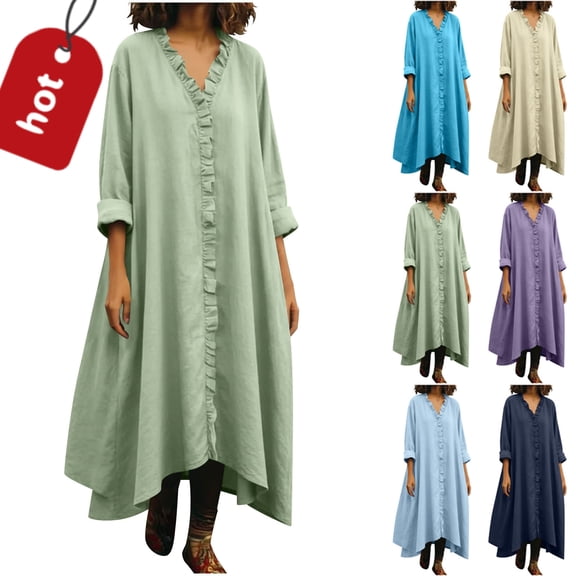 Taqqpue Women Linen Dress Casual V Neck Button Down Maxi Dress Beach Vacation Solid Color Plus Size Long Sleeve Dress for Women