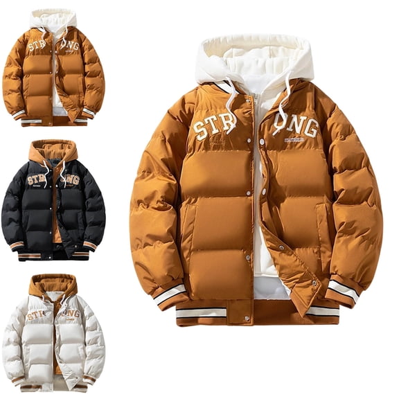 Danhjin Puffer Jackets for Men Thicken Hooded Windbreak Thermal Fall Winter Warm Outwear Casual Comfy Color Block Quilted Coats