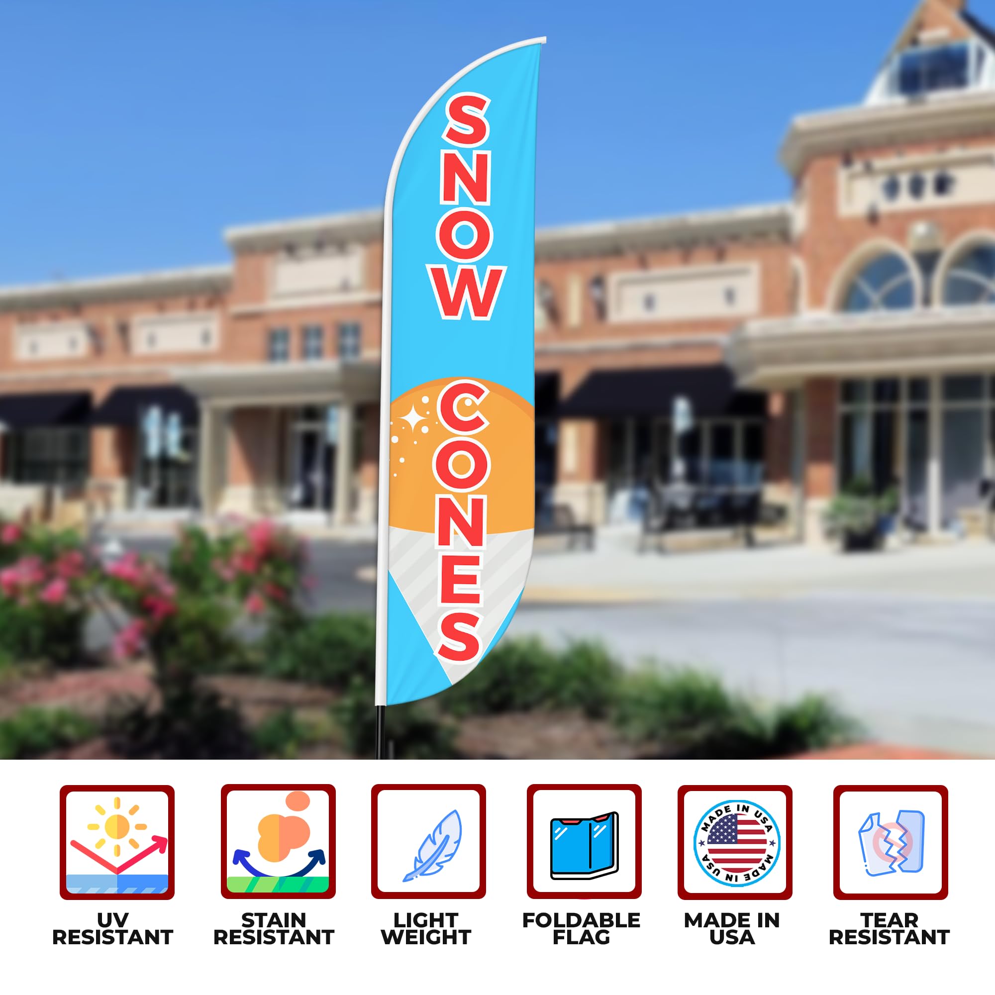 Snow Cones Sign feather flag for Outdoor by Mavis Print | 11.5 FEET Long Polyester Outdoor Banner Flag for Easy Hang | HD Print Swooper I Flag Only for Food Advertising | Made in USA I Flag Only