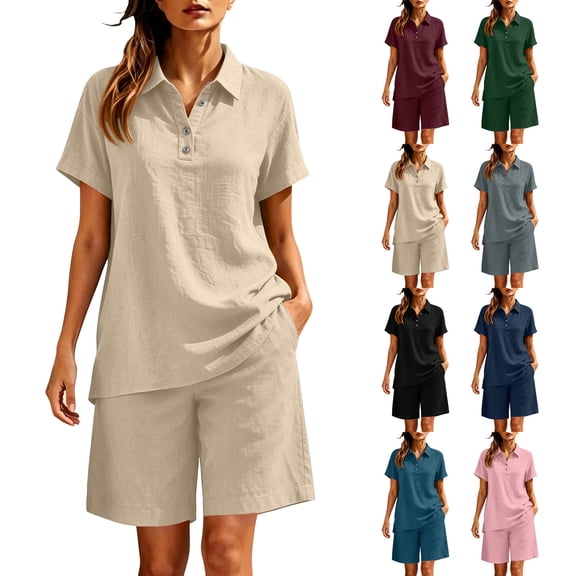 VBVC Women's Collared 2 Piece Office Set,Short Sleeve Top and Bermuda Shorts For Women, Ladies' Breathable Summer Loungewear With Pockets,Beige,S-3XL