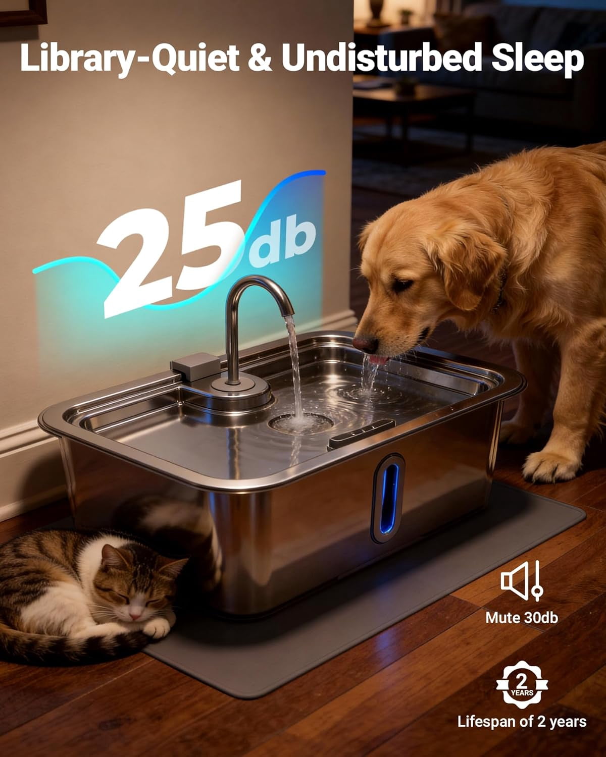 Automatic Pet Water Fountain with Silicone Mat & 3 Filters, Stainless Steel Dispenser with Visible Window and Alert Light for Large Dogs and Cats