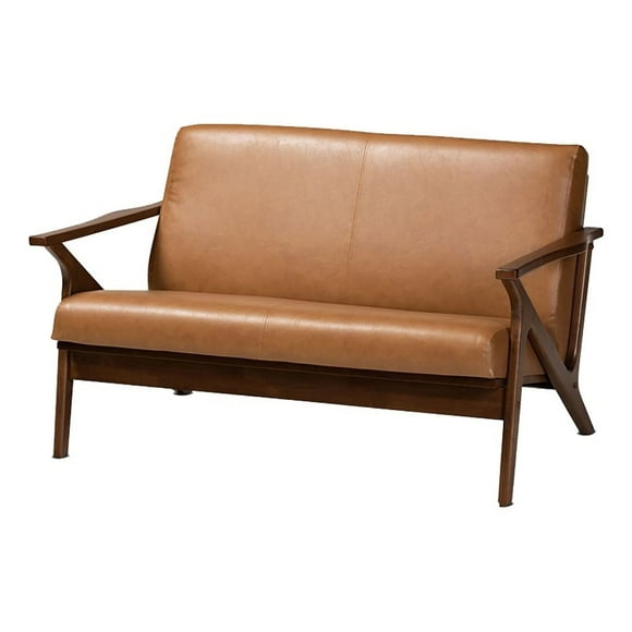 Bowery Hill 16.54" Mid-Century Wood/Faux Leather Loveseat in Walnut Brown/Tan