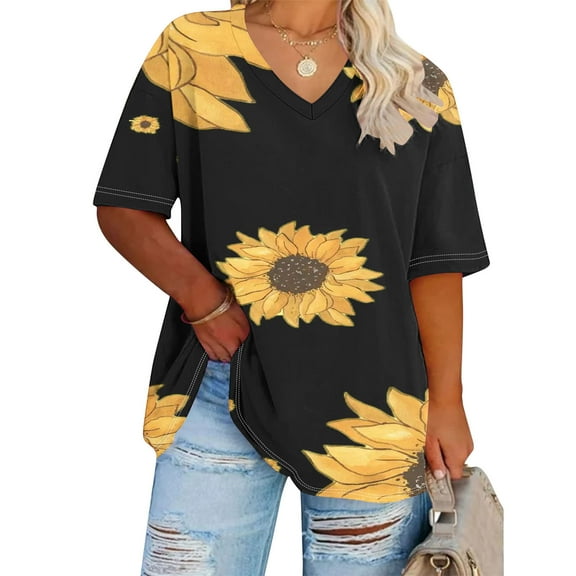 Summer Plus Size Tops For Women Causal Sunflower Loose Short Sleeve V-Neck Pullover Blouse T-Shirt Oversized Women Shirts Under $8 Black XXXXL