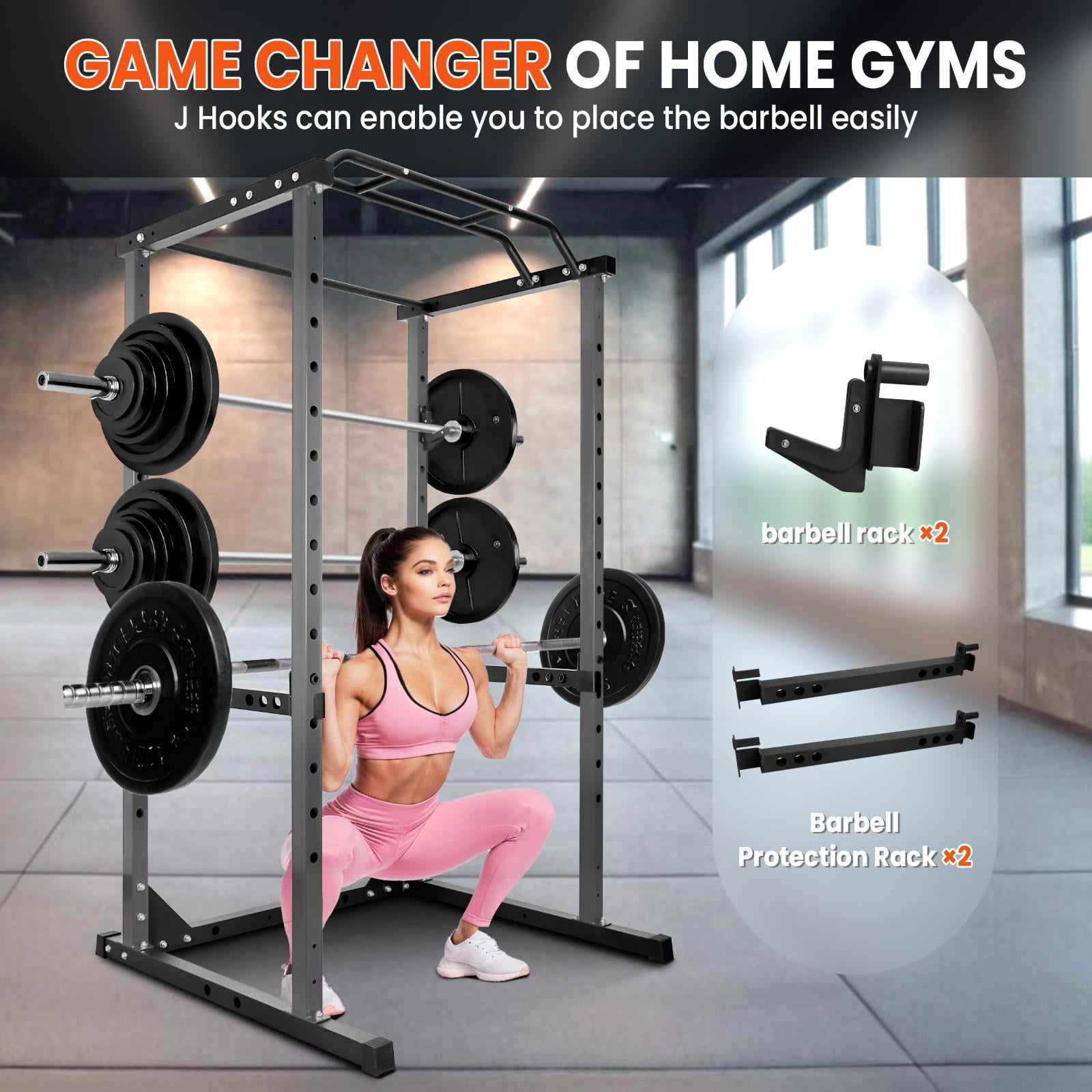1200 Lb Capacity Black Power Cage,Multi-Functional Power Rack With J-Hooks And Safety Bars,Sturdy Iron Construction For Heavy Lifting,Gym Power Cage For Home Gym Strength Training,Black