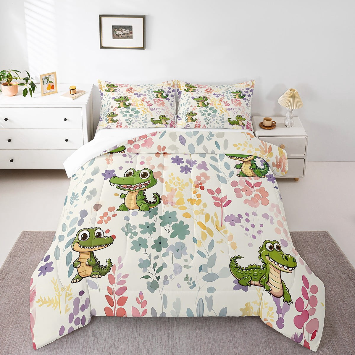 Kawaii Crocodile Bedding Set Twin Size,Cartoon Crocodile Flower Comforter Set,Cute Colorful Floral Quilt Bed Set Wildlife Animal Down Comforter with 1 Pillowcase