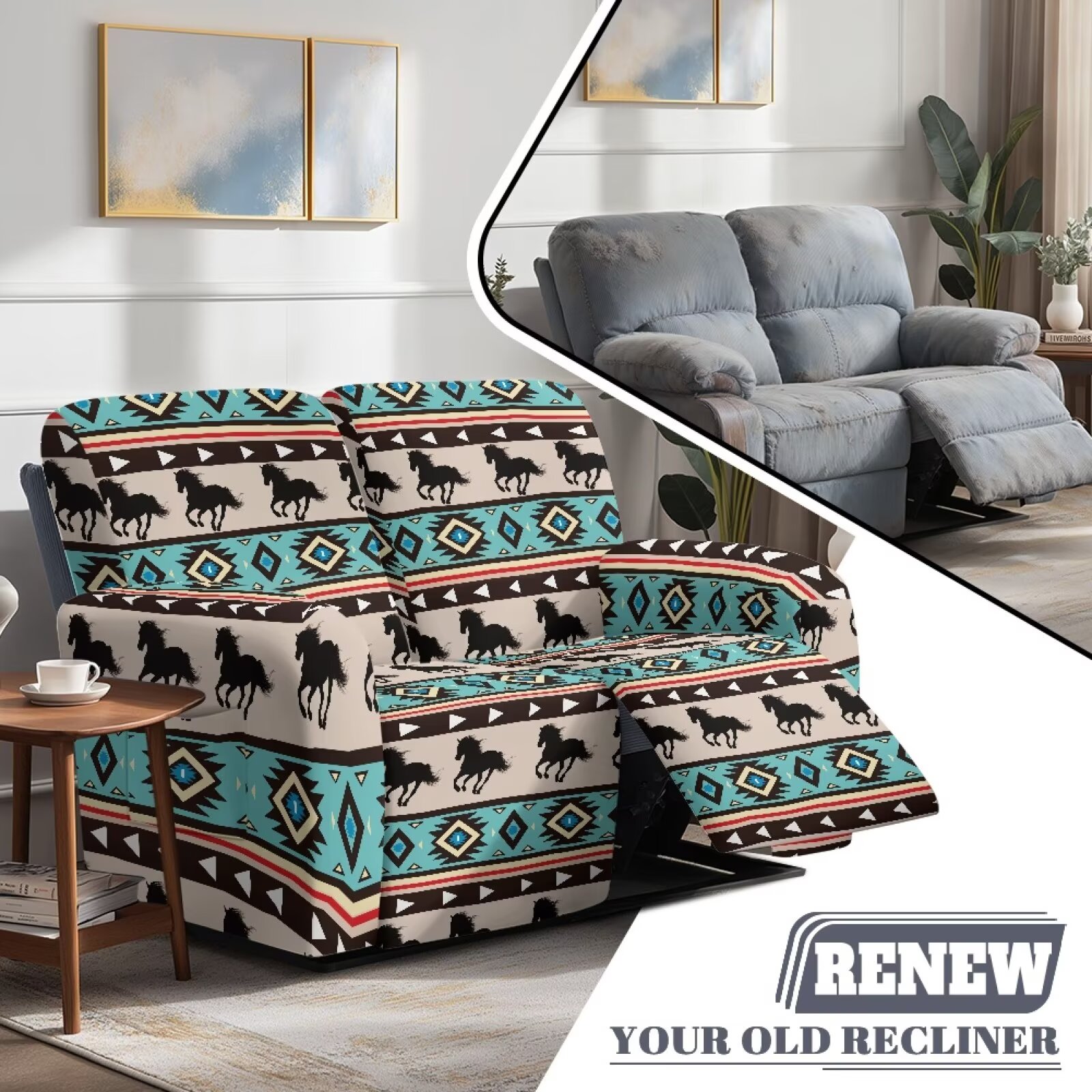 Yuyamidu Aztec Loveseat Recliner Covers 2 Seater Horse Recliner Loveseat Slipcover with Elastic Edge Breathable Reclining Couch Covers Gift for Friends