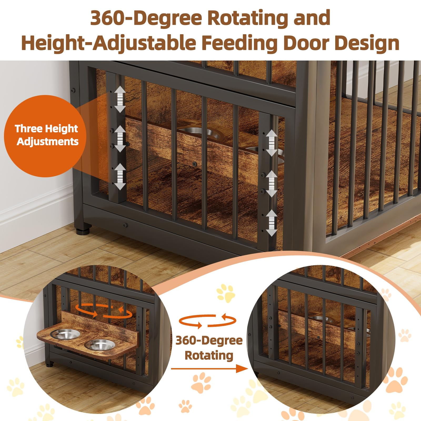 TROPOW 48 inch Large Dog Crate Furniture, Heavy Duty Wooden Dog Kennl with 2 Storage Drawers, 360° Adjustable Raised Feeder, Double Doors, Indoor Dog Crate for Large or Medium Dogs