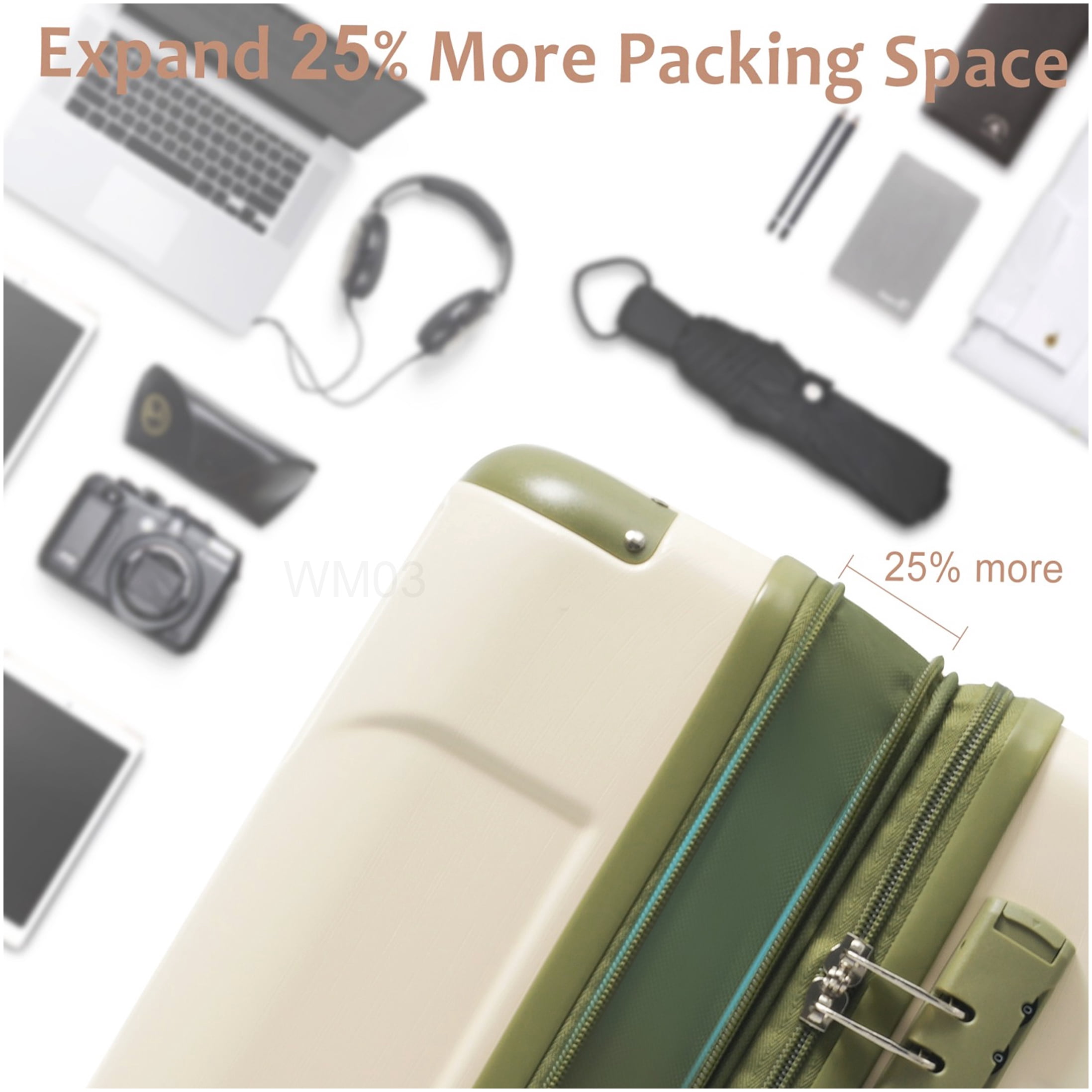 Expandable 24 Inch Hardshell Suitcase, White and Green TSA Lock Luggage with 4 Double Spinner Wheels
