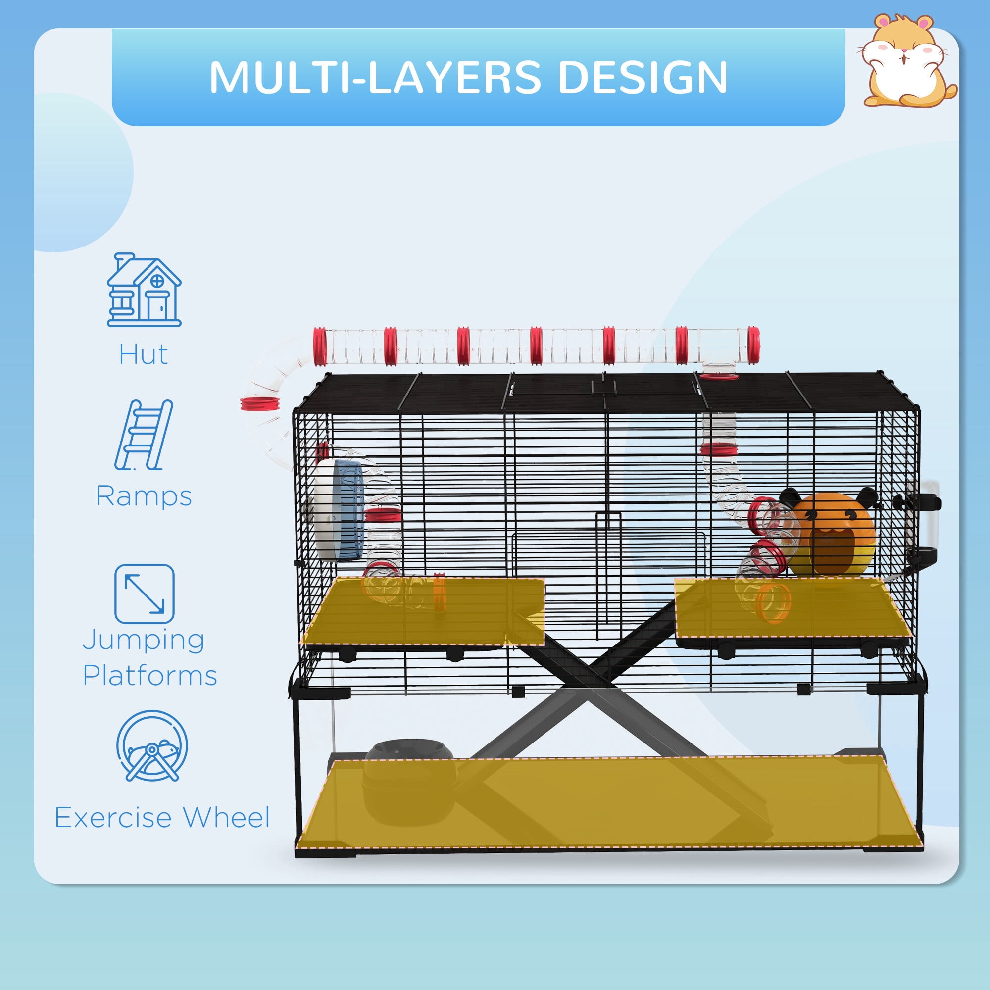 Dog Crate, PawHut 31" Extra Large Hamster Cage with Tube Tunnel, Small Animal Cage for Dwarf Hamster, Rat, Gerbil Cage with Deep Glass Bottom, Water Bottle, Food Dish, Exercise Wheel, Ramps