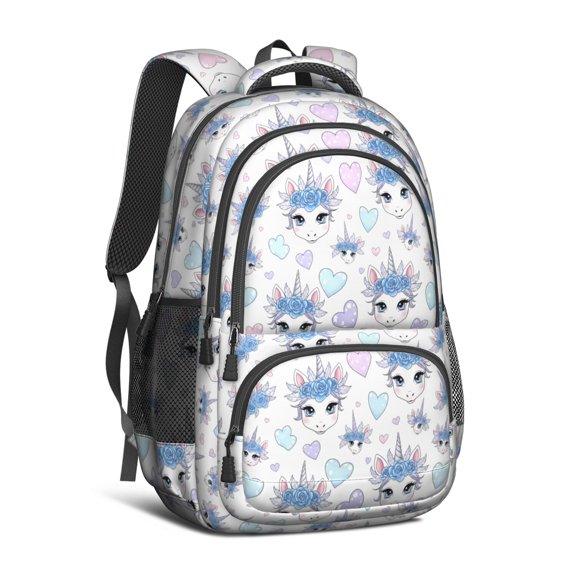 Unicorn and Flower White Pattern Backpack for School, Cute School Bag with Adjustable Shoulder Straps and Padded Back, 16.9"x12.6"x5.9"