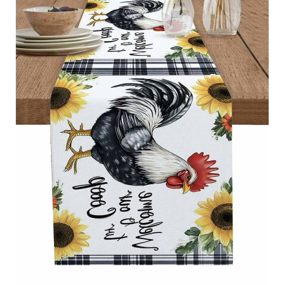 Black White Retro Rooster Burlap Cotton Table Runner 13x48 Inches Long, Sunflower Farmhouse Checkered Farmhouse Table Runners, Outdoor Dining Tablecloths Decor for Baby Shower/Party/Wedding