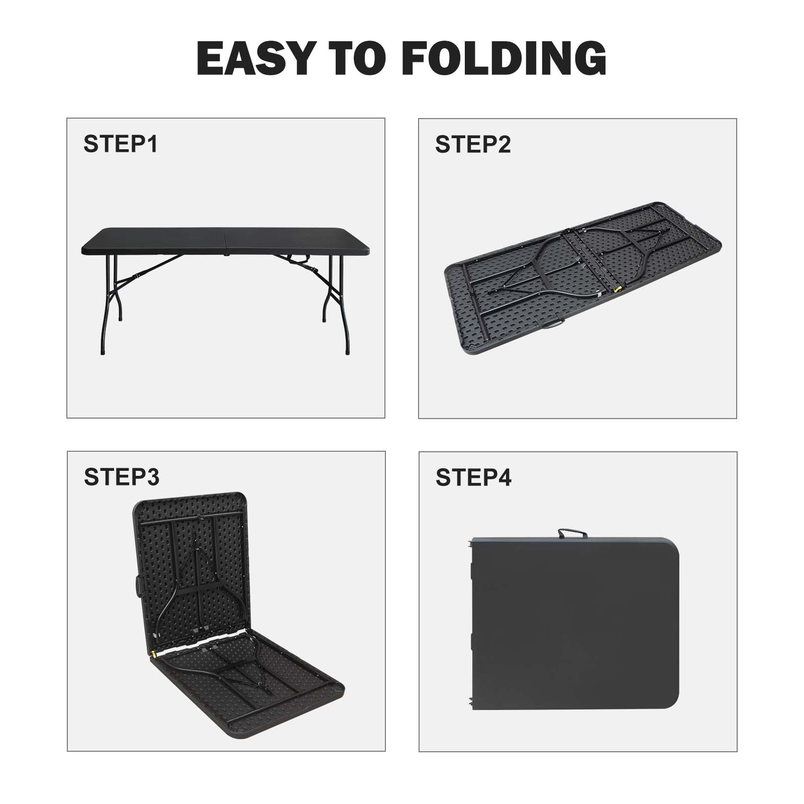 6ft Folding Table Portable Plastic Foldable Table High Load Bearing Black Table for Camping Picnics Parties Indoor Outdoor Garden Patio Use