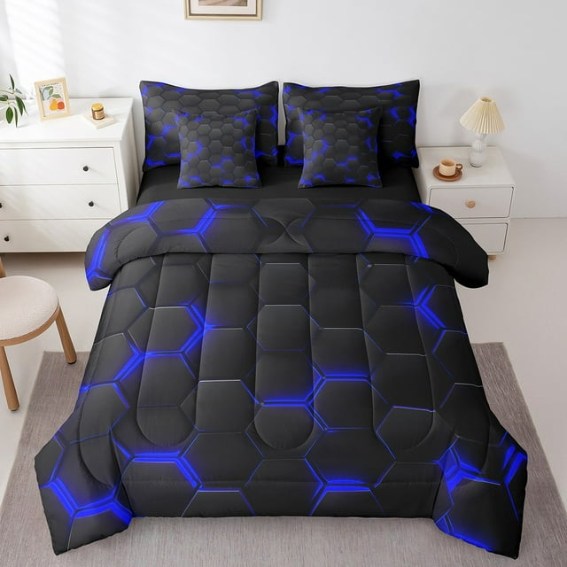 YST Ensemble de Literie 7 Pcs Bleu à Motif Nid d'Abeilles, Très Grand Lit