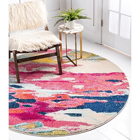 Unique Loom Estrella Collection Light Colors, Abstract, Modern, Vibrant Area Rug, 6 0 x 6 0 Round, Pink/Ivory