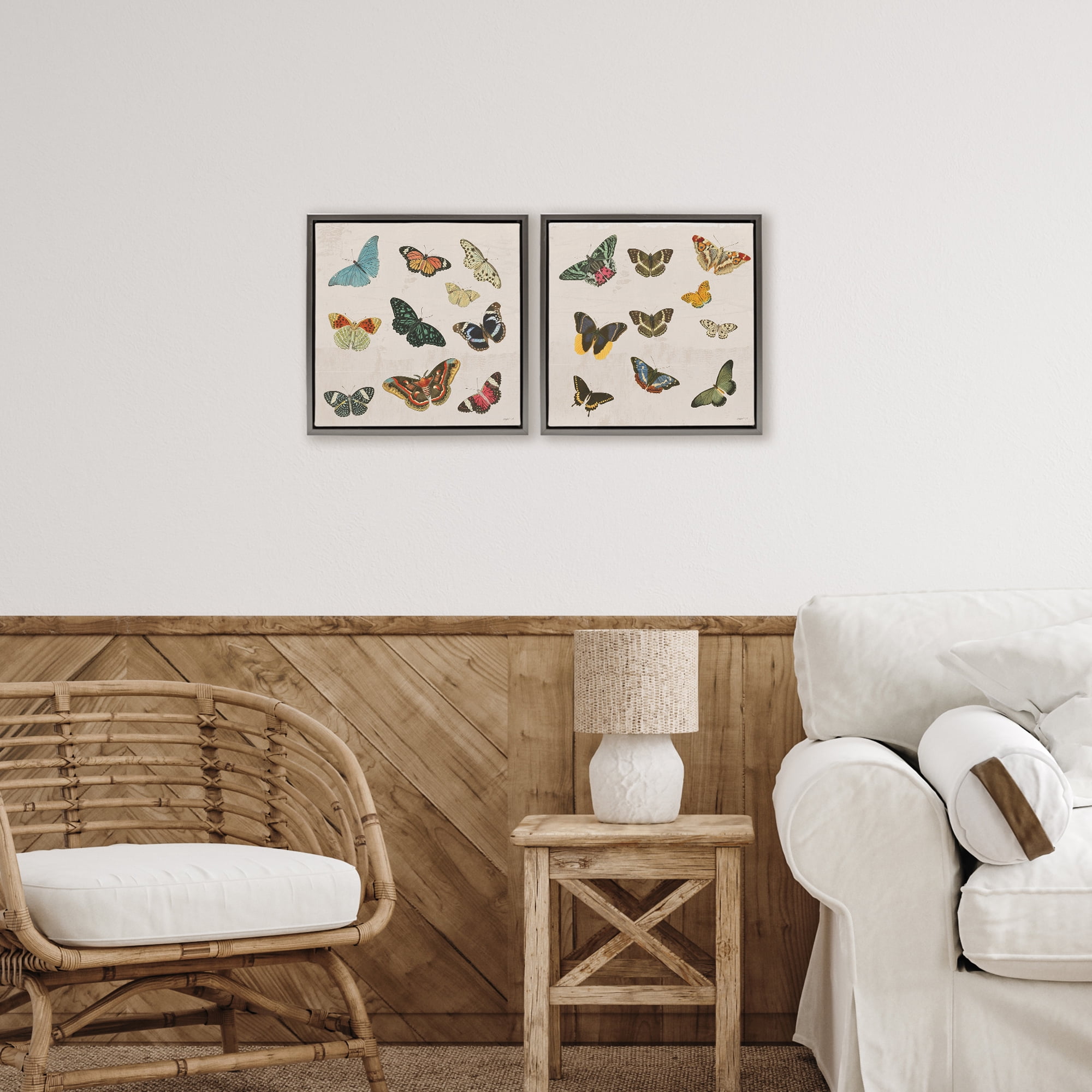 Stupell Industries Collection of Vintage Butterflies 2 Piece Gray Framed Floater Canvas Set, design by Dan Meneely
