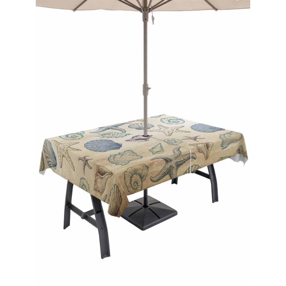 Outdoor Tablecloth with Umbrella Hole for Patio/Picnic/Party/Camping, Summer Coastal Waterproof Table Cloth Rectangle Table Cover Washable, Marine Beach Seashell Starfish Conch Beige (52"x 70")
