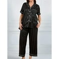 thumbnail image 4 of OYOANGLE Women's Plus Size Short Sleeve Silky Button Down Tops and Pants Sleepwear Satin Pajama Set Black 1XL, 4 of 6