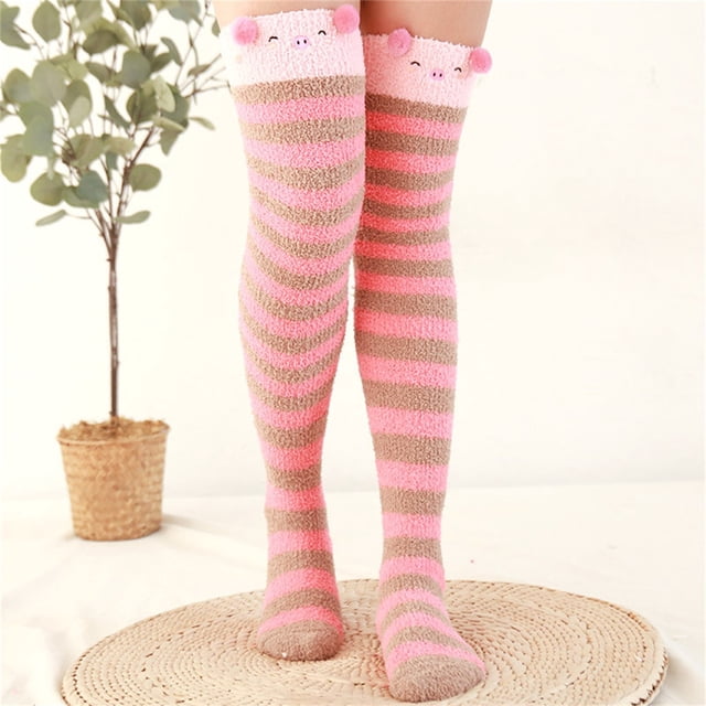 Chaussettes de Sol Chaudes pour Femmes en Molleton Corail Épaissi à Rayures Dessin Animé 2 Pcs Bas Bas Bas de compression Rouge