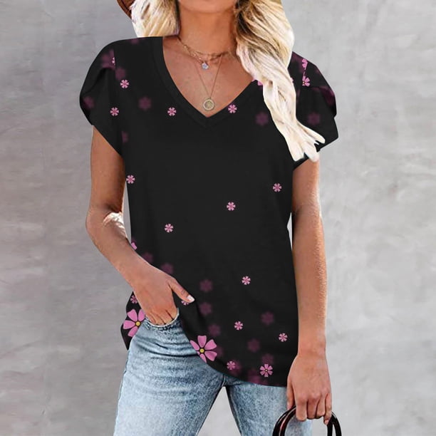 Fiudx Ofertas Flash Artículos En Oferta Blusa Informal de Manga Corta con Cuello En V y Estampado de Moda para Mujer