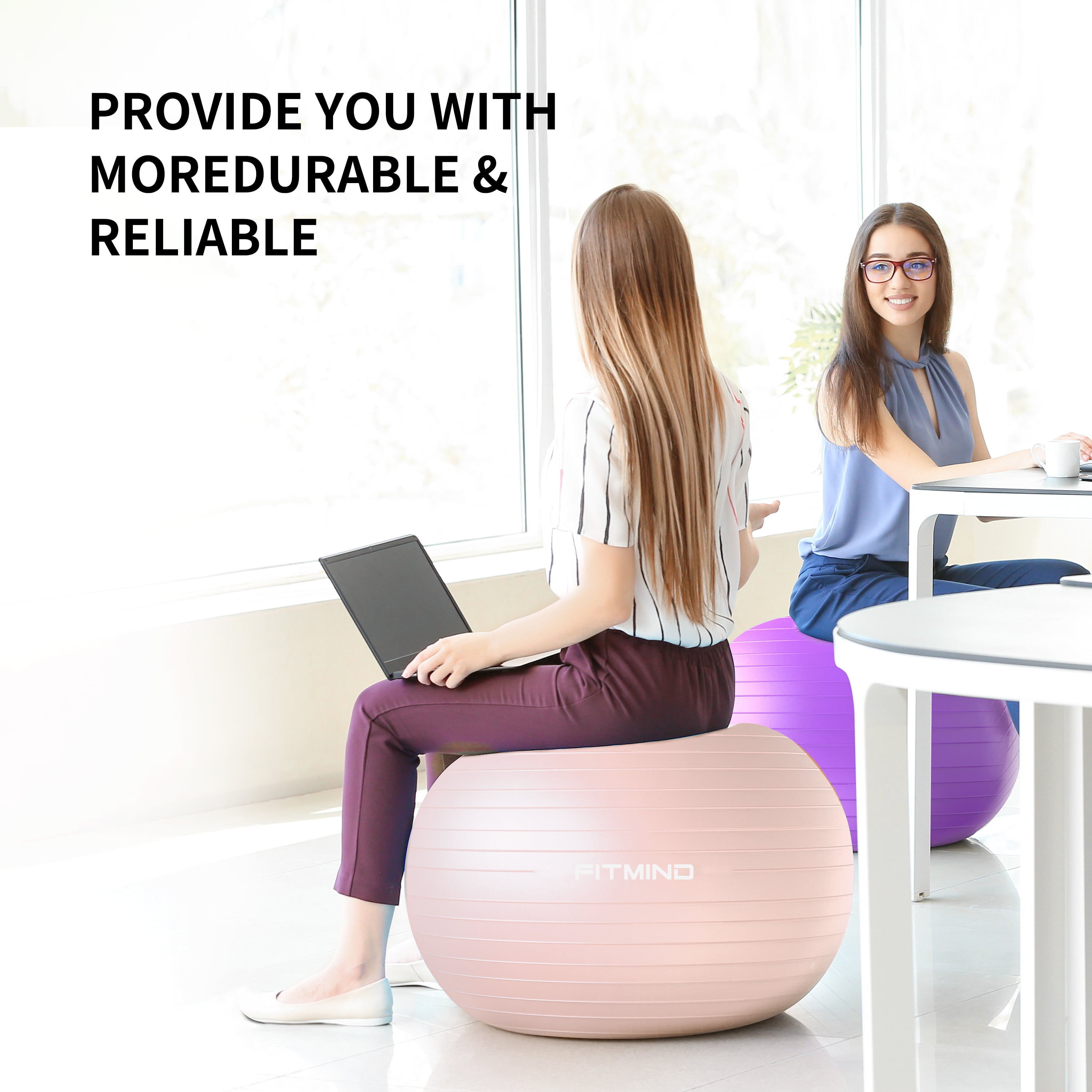 FITMIND Thick Exercise Ball 25.6" for Yoga and Pilates, 1100LB Load Bearing, Hand Pump, Anti-Burst, Pink