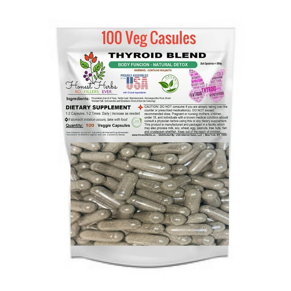 Thyroid Blend Veg Caps - Natural Detox | Kelp | Nettle | Bladderwrack |  Black Walnut Hull | Schisandra | Eleuthero Root - Honest Herbs - 500mg, 100 Veggie Caps