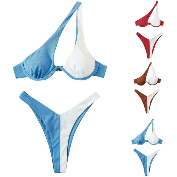 UTSJKR Women's Sexy Cutout One Shoulder Bikini Underwire Padded Two Piece Bathing Suit Cheeky Thong Brazilian Swimsuit Coffee L