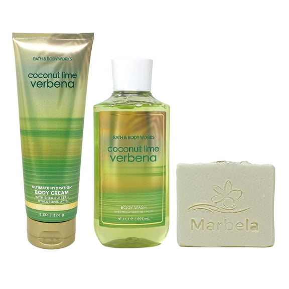 Bath & Body Works Coconut Lime Verbena Body Cream and Body Wash Duo Set with a Natural Oats Bar Soap - Full Size