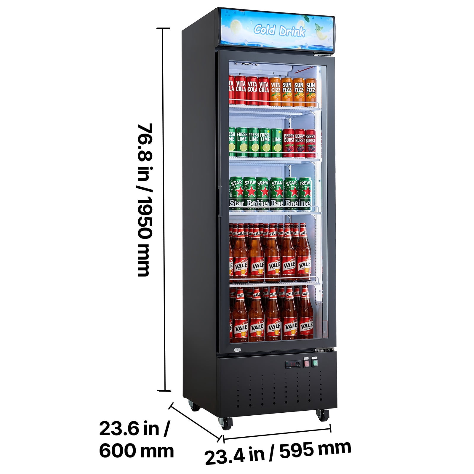 KFFKFF Commercial Glass Door Refrigerator, 12.7 Cu.Ft / 360 L Upright Beverage Cooler with Adjustable Shelves, LED Lighting, and Customizable Lightbox for Home or Retail Use