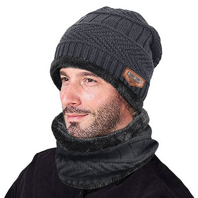 Conjunto de gorro y bufanda de punto cálido para invierno, gorro grueso y resistente al viento, mezcla de lana de 2 piezas, para hombre, para exteriores, ropa para clima frío, viajes