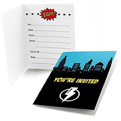 BAM Shaped Fill-in Invitations Baby Shower or Birthday Party Invitation Cards with Envelopes Girl Superhero Set of 12