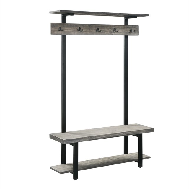 Alaterre Furniture Pomona Gray Wood Tree with Bench Shelves & Hooks